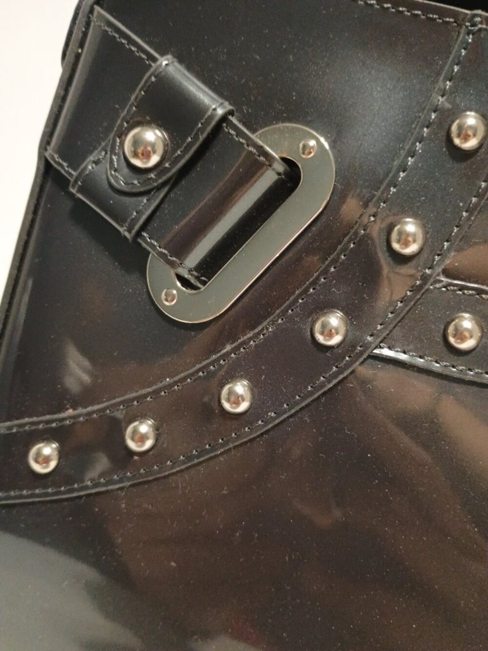 Beijo Classic Black Patent Leather Look Studded Shoulder Bag Y2K Buckle Accent - Picture 7 of 12